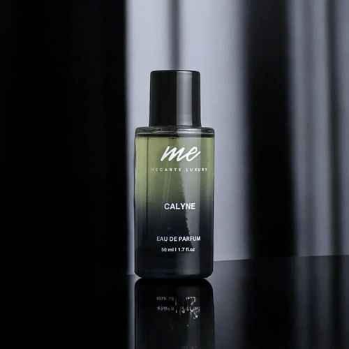 CALYNE by Mecarte Luxury, best travel perfume India, 50 ml Eau de Parfum bottle on a black surface.