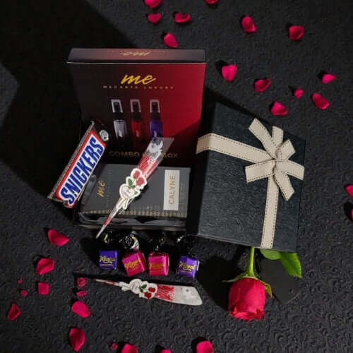 Perfume combo offer for Her featuring a luxury gift set with chocolates, a rose, and elegant packaging.