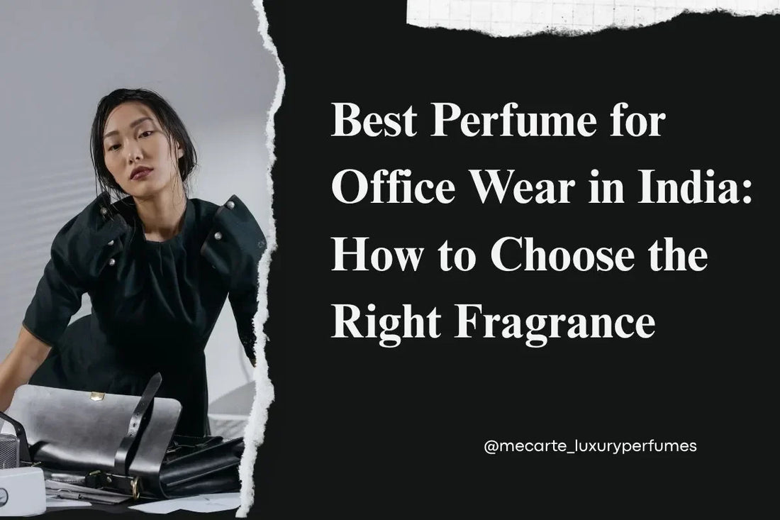Best perfume for office wear image featuring a woman styling a chic outfit and workspace.
