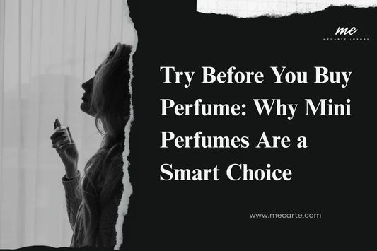 Image illustrating the concept of try before you buy perfume with a woman holding a mini bottle.