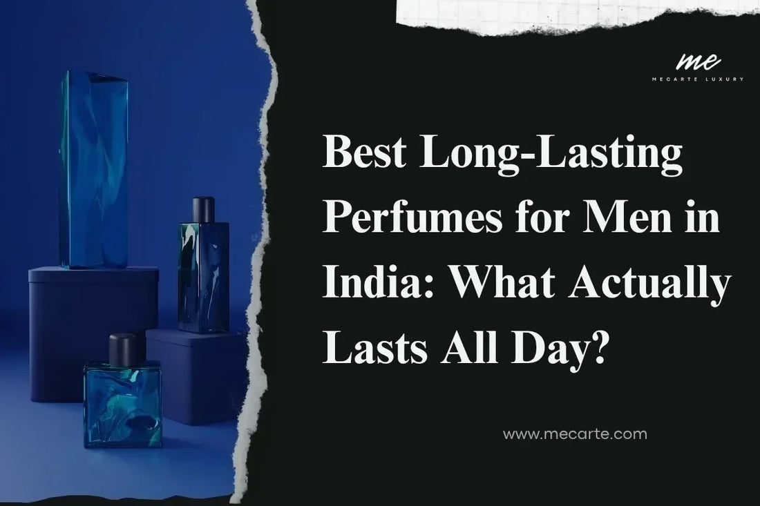 Best Long lasting perfumes for men in India displayed on elegant background.