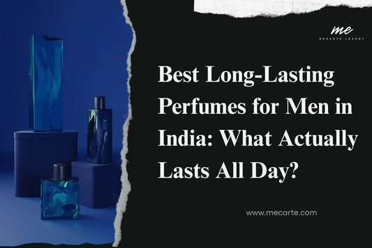 Best Long lasting perfumes for men in India displayed on elegant background.