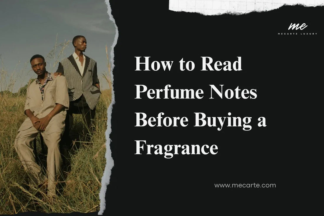 How to read perfume notes before buying a fragrance online in India with two models in stylish outfits.