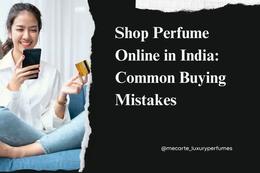 Happy woman using phone and credit card to Shop Perfume online in India, avoiding common buying mistakes.