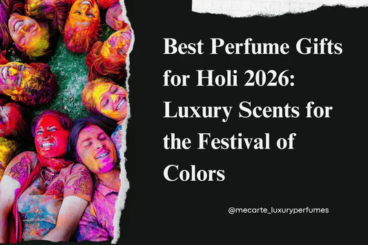 Group of friends enjoying Holi, surrounded by a rainbow of colors. perfume combo holi gift pack 