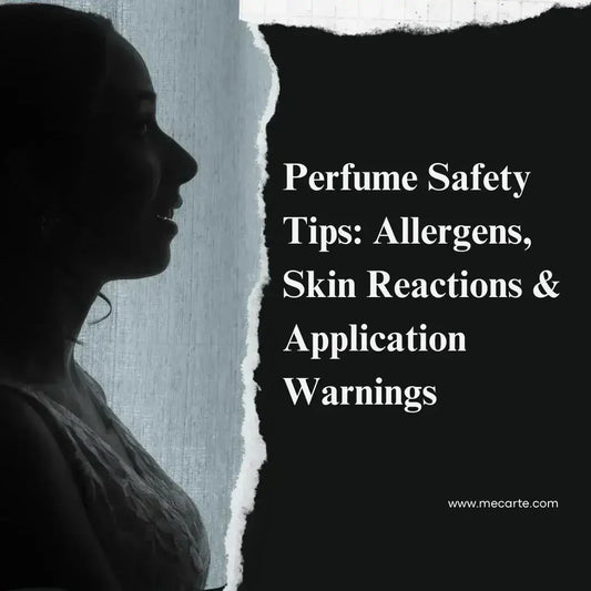 Perfume Safety Tips: Allergens, Skin Reactions & Application Warnings with a silhouette of a woman.