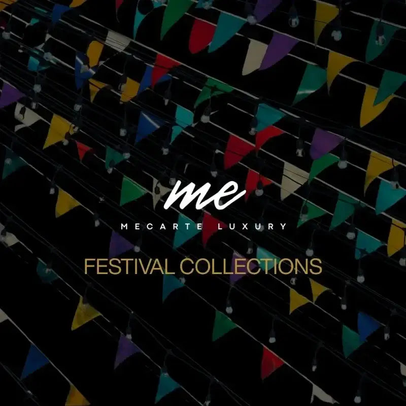 Luxury festival gifts India collection banner with colorful festival decorations and Mecarte Luxury logo.
