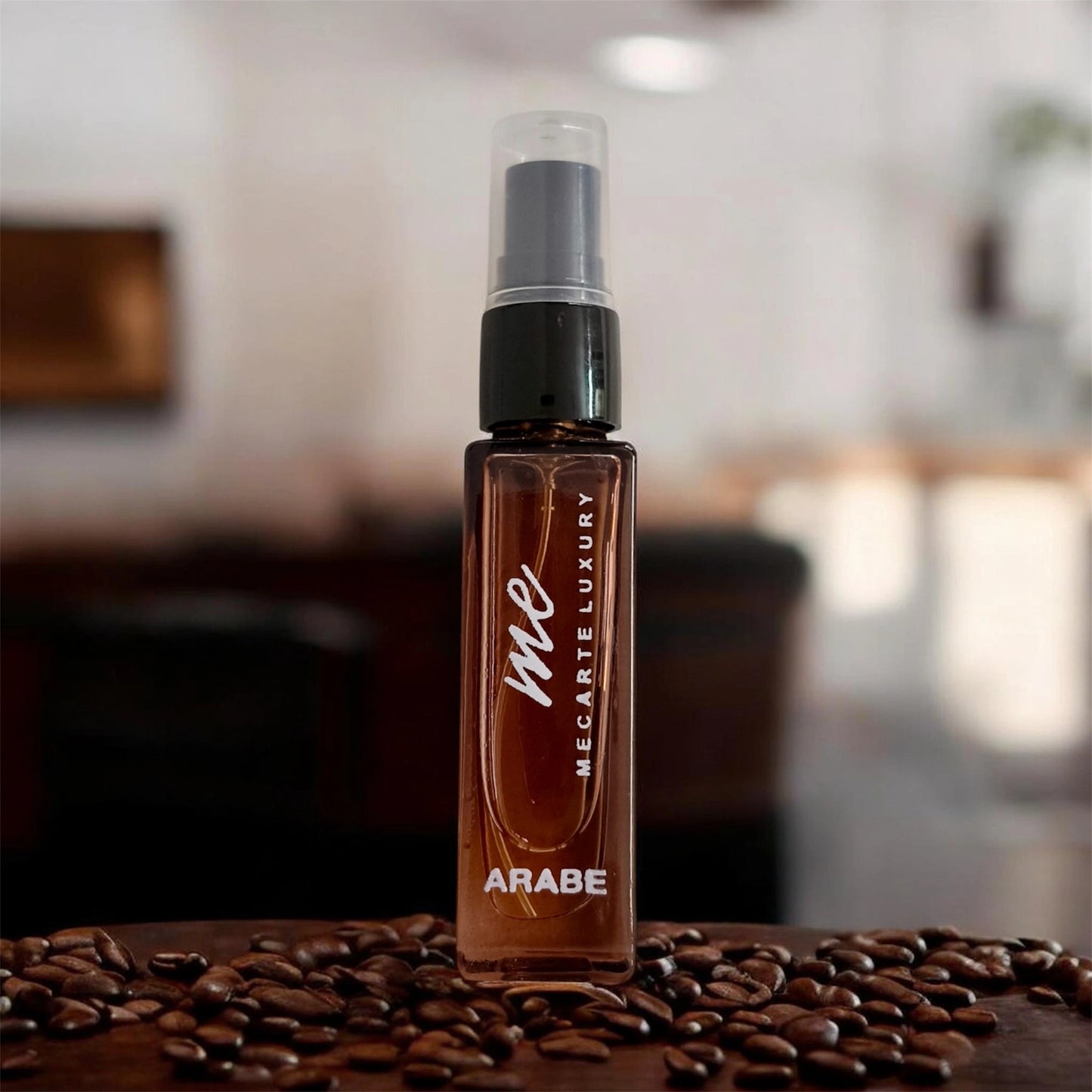 Miniature perfume collection in an 8ml bottle with coffee beans background for a luxury aroma experience.