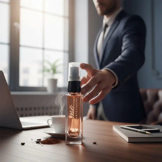 Miniature perfume collection displayed on a desk with a businessman reaching for it, highlighting Arabe Mini fragrance.