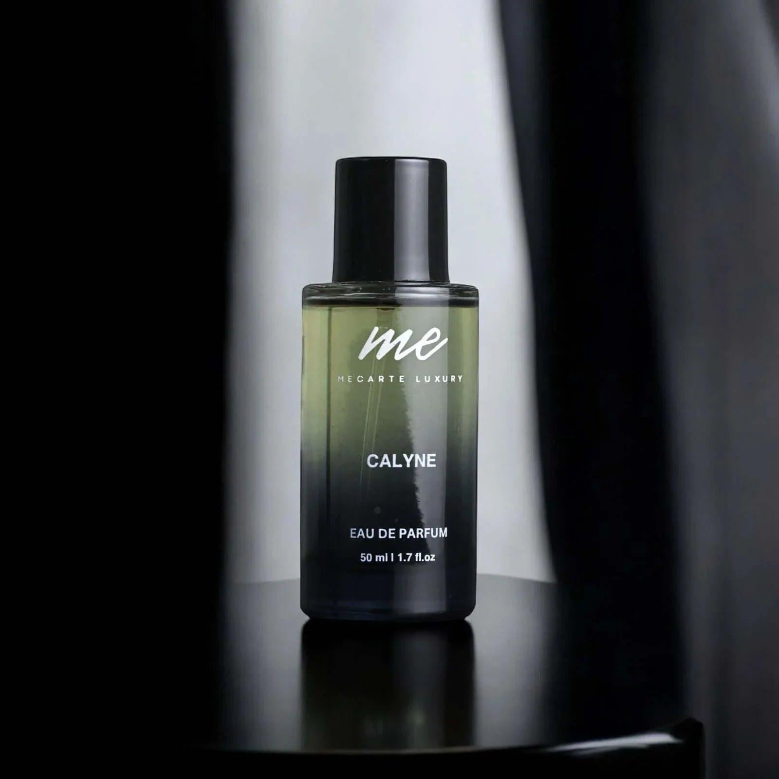 Best travel perfume India - CALYNE by Mecarte Luxury in a sleek bottle on a minimalist table.