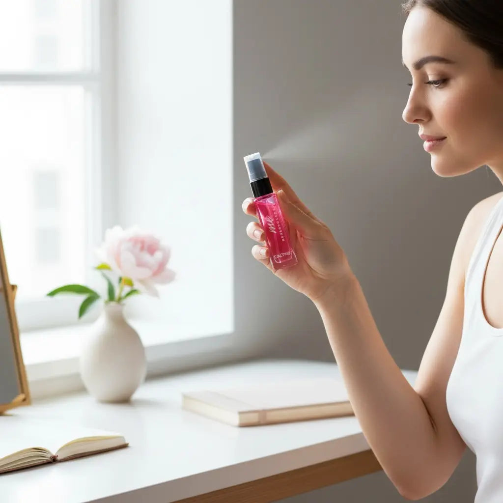 Woman applying travel size perfume from Calyne Mini Perfume 8ml in a cozy indoor setting.