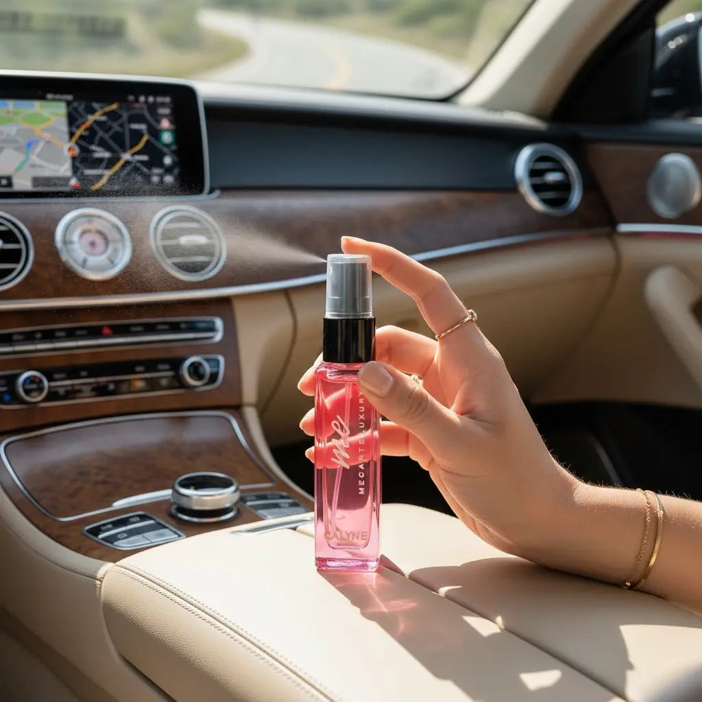 Travel size perfume Calyne Mini Perfume 8ml held by hand inside a car, showcasing convenience and elegance.