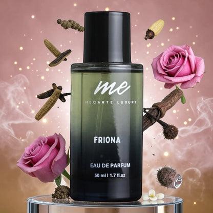 Long lasting ladies perfume Friona by Mecarte Luxury in a stylish bottle with floral accents.