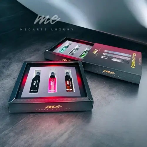 Mini Perfume Gift Box from Mecarte Luxury, part of a perfume shop, showcasing three premium fragrances.