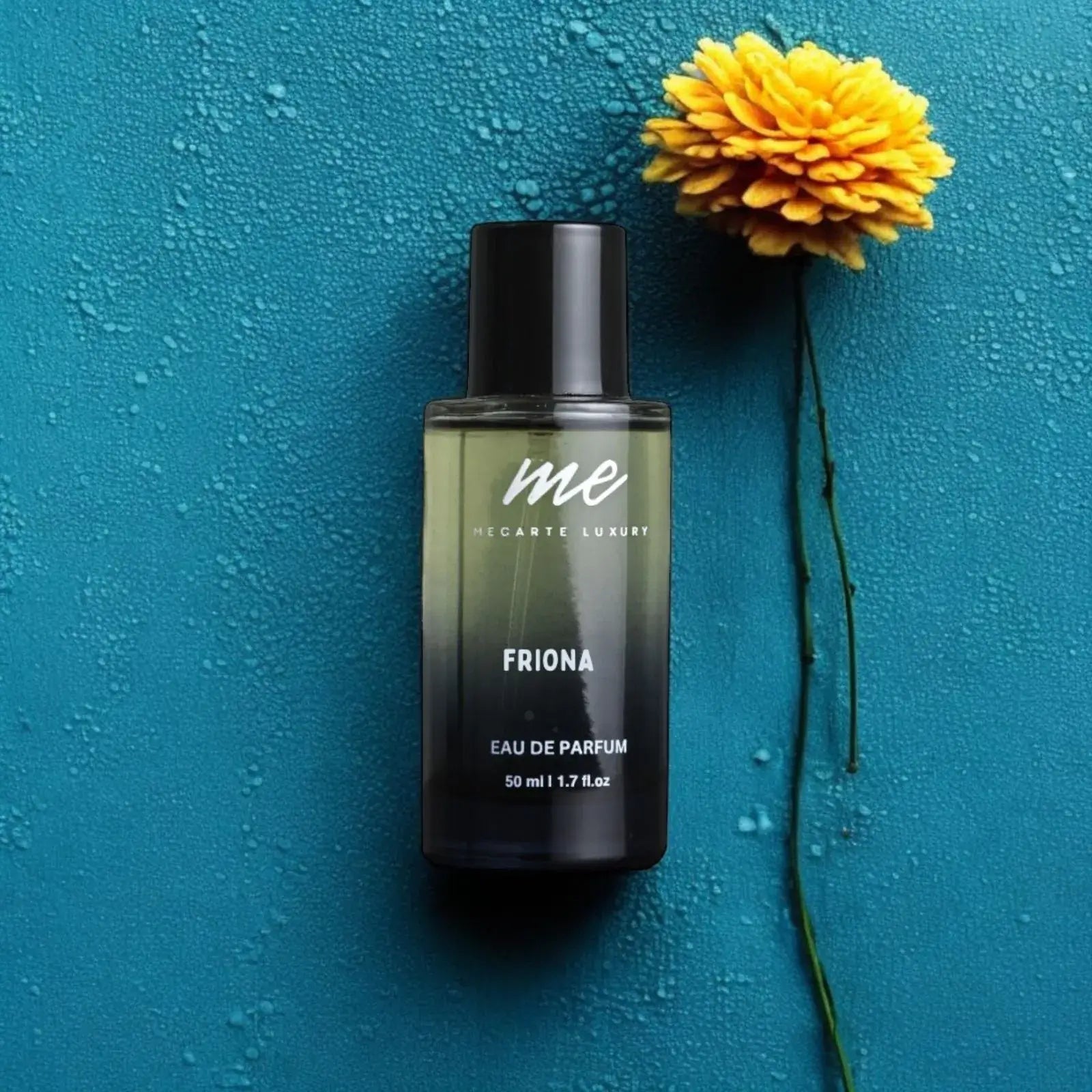 Friona by Mecarte Luxury, a long lasting ladies perfume in a stylish bottle with a yellow flower on a blue background.
