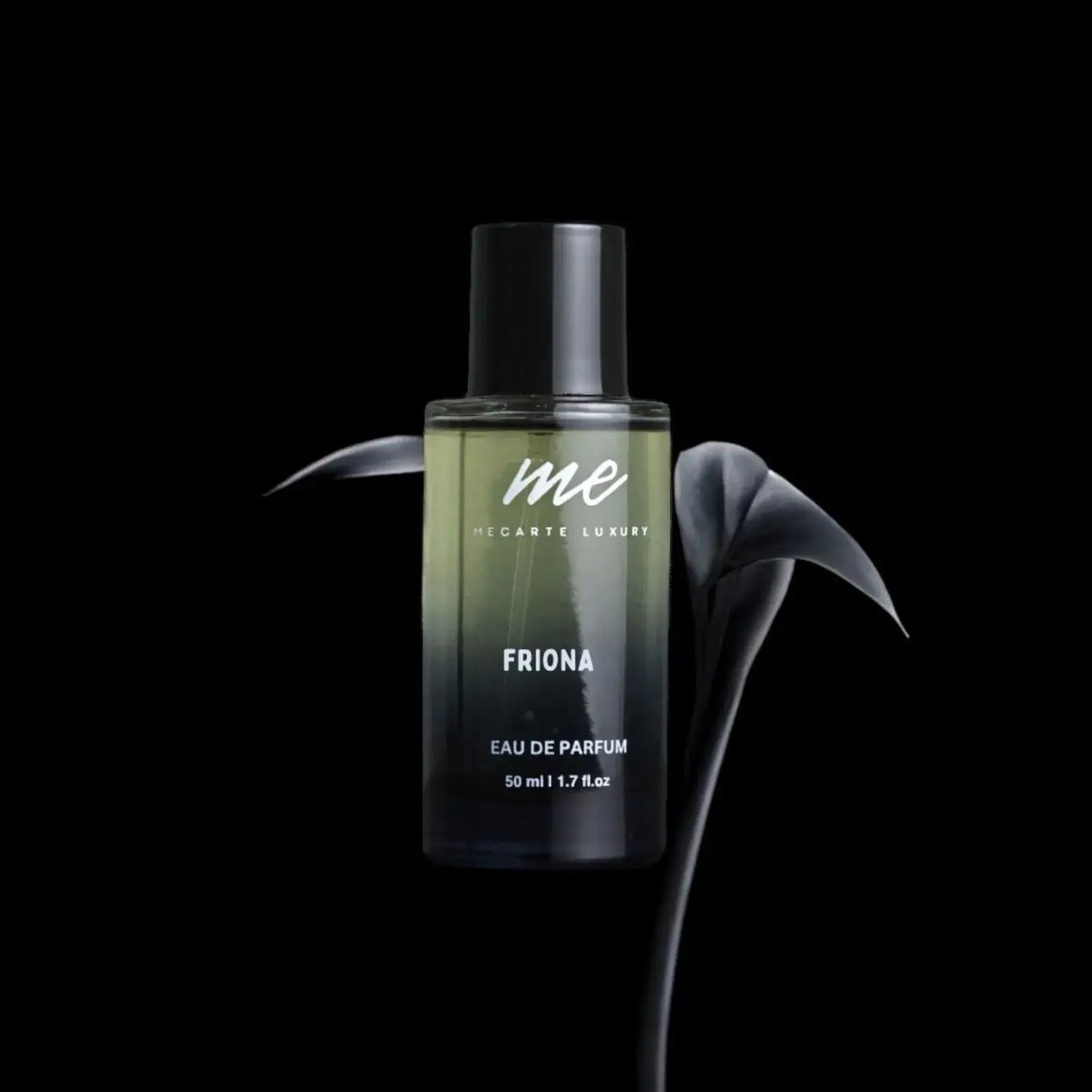 Long lasting ladies perfume Friona by Mecarte Luxury in elegant bottle design on a black background.