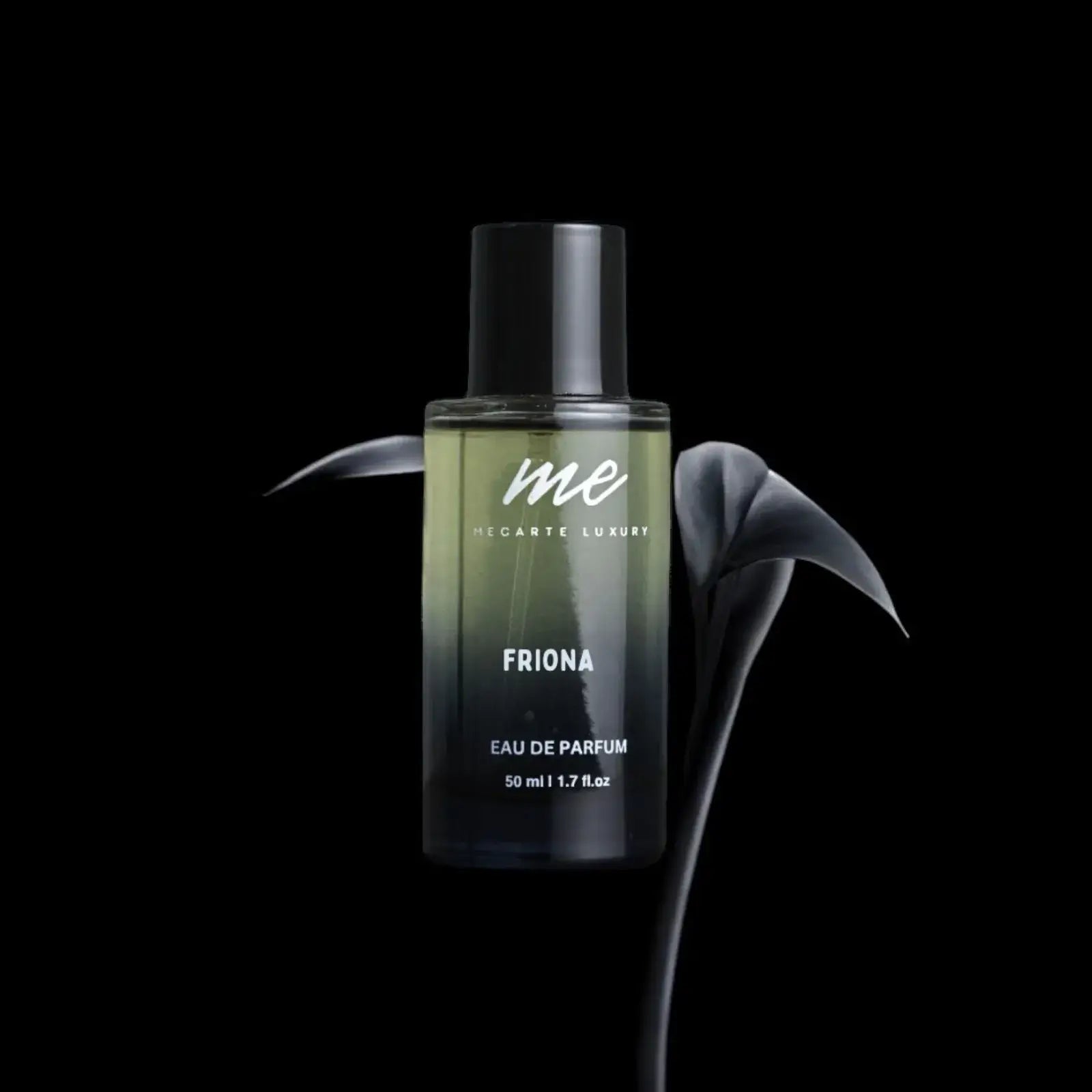 Long lasting ladies perfume Friona by Mecarte Luxury in elegant bottle design on a black background.