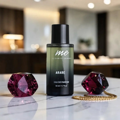 ARABE by Mecarte Luxury, best perfume for men India, in elegant setting with decorative gems.