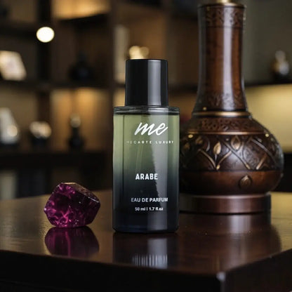 Best perfume for men India | ARABE by Mecarte Luxury in a stylish setting with oil lamp and gem.