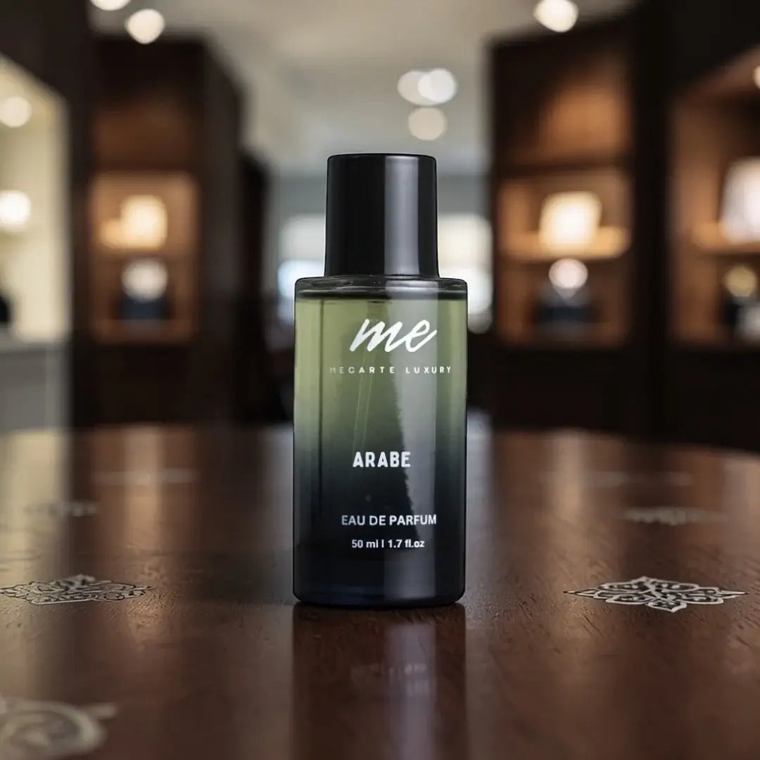 ARABE perfume by Mecarte Luxury, best perfume for men India, 50 ml bottle on a wooden surface.